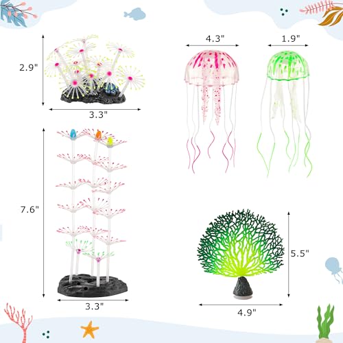 Image of Lpraer 5 Packs Glow Aquarium Decorations Branch Coral Tree Glowing Jellyfish Simulation Glow Plant Glowing Effect Silicone for Fish Tank Decorations
