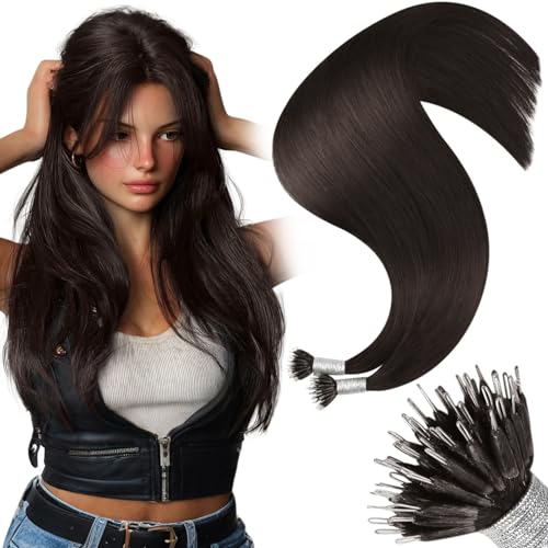 Image of Moresoo Nano Bead Hair Extensions Human Hair, Dark Brown, 16 Inch | 50g 50 Strands, Remy Hair, silky straight texture, comfortable wear for subtle length and everyday styling