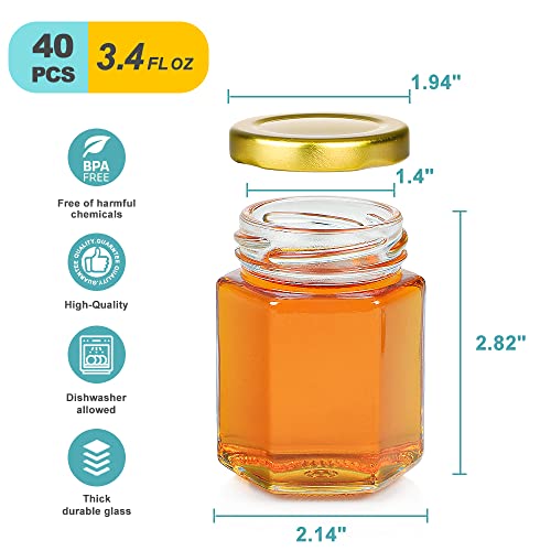 40 Pack Small Glass Honey Jars With Lids For Wedding Favor, Baby Showers, 3 Oz Airtight Glass Canning Jars With Lids, Hexagonal Glass Jars For Spice, Candy, Jam, Waterproof Stickers #TOP5