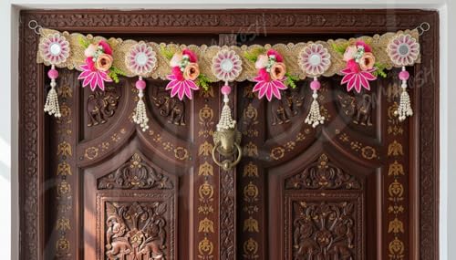 Image of Divyakosh Premium Decorative Flower Toran for Door | Handmade Artificial Floral Bandarwal with Beads & Tassels | Festive Home Decor Toran for Entrance | Traditional Wall Hanging for Diwali, 40 Inch