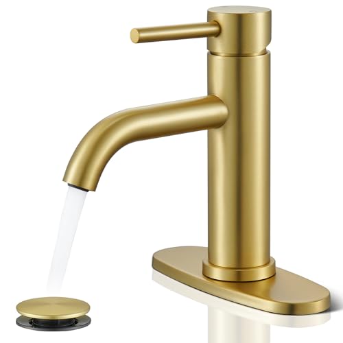 Gold Bathroom Faucet, WINKEAR Single Hole Bathroom Faucet with Pop-up Drain and Flexible Hoses, Single Handle for Sink, Vanity, RV, Modern Farmhouse, Suitable for 1 Hole or 3 Hole