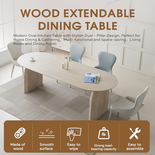 Image of 59.06 inch-90.55 inch Extendable Dining Table for 6 8 10, Modern Oval Kitchen Table with Dual Pillar Base, Wooden Expandable Dining Table for Kitchen Dining Room Living Room Dinner Party Family Gathering
