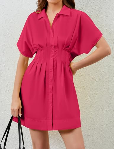 Image of Women Summer Short Sleeve Button Front Pleated Shirt Dress Striped Collar V Neck Casual Y2k Swing Short Mini Dress