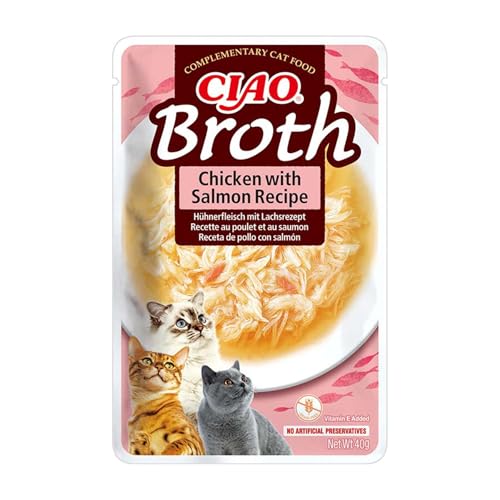 INABA Churu Broth - Caldo para Gatos - Snacks Receta Pollo y Salmón - Premios con Proteínas Animales - Sin Cereales, Conservantes, Colorantes - Sólo 16Cal - 40g
