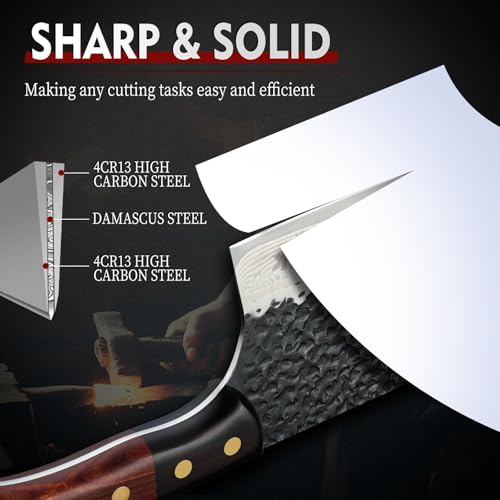 Huusk 7.5" Meat Cleaver Knife - Hand-forged Butcher Knife High Carbon Steel Kitchen Knives with Damascus Texture, Full Tang Japanese Knives with Wood Handle,Christmas Gift for Men and Women