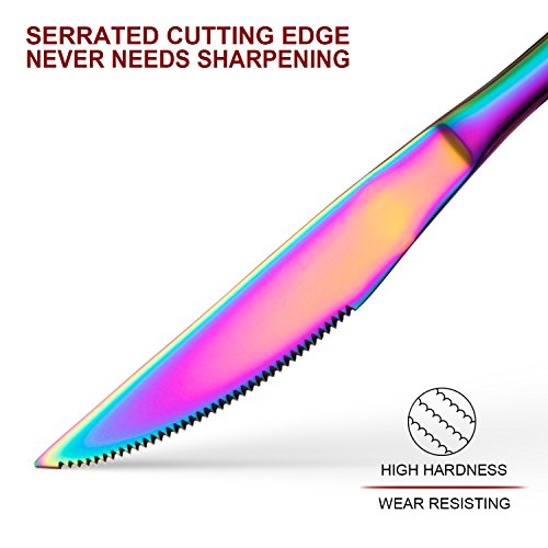 Conjunto de facas de bife de alça sólida serrilhada ultra afiada multicolorida, conjunto de talheres