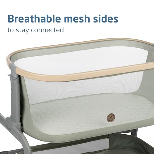 Image of Maxi-Cosi Iora Baby Bassinets Bedside Sleeper, Portable Bassinet, Infant Bedside Sleeper Crib, Height Adjustable, Breathable Mesh, Large Storage Basket, Classic Green