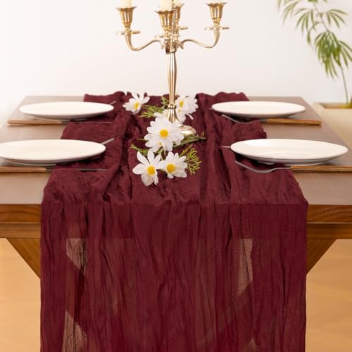 Image of Socomi 2pcs Burgundy Red Easter Spring Cheesecloth Table Runner Boho Rustic Gauze 120 inch 10FT Cheese Cloth Runner for Wedding Party Baby Shower Birthday Home Decor Holiday Decorations