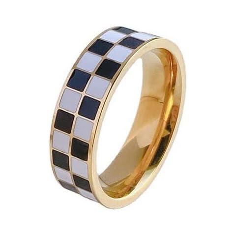 Checkerboard Bands Statement Finger Ring 14K Gold Black White Titanium steel Ring Size 5-10-8 Cover