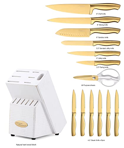 Marco Almond Ma21 Golden Titanium Knives Block Set + Marco Almond Kya51B Kitchen Utensil Set #TOP2
