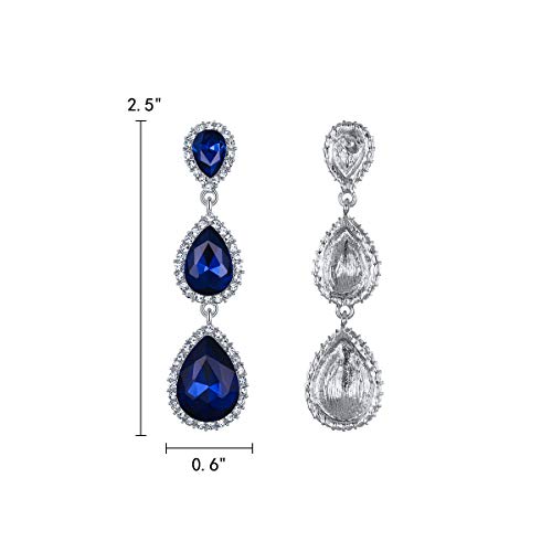 Elequeen Women's Silver-Tone Austrian Crystal Tear Drop Pear Shape Long Dangle Earrings Royal Blue #TOP4