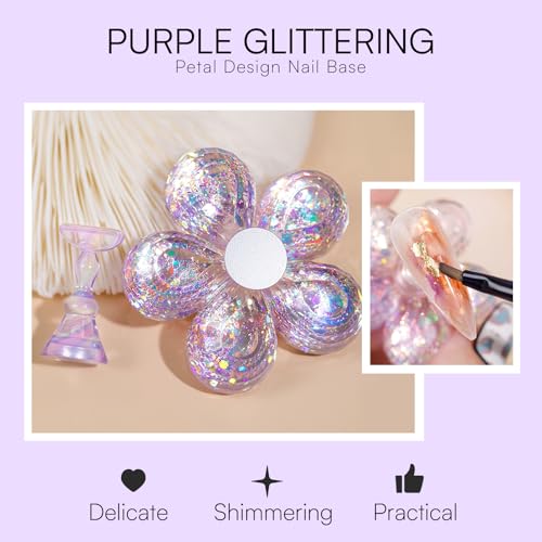 Image of Makartt Nail Stand for Press On: Nails Display Holder Holo Purple | Fake Nail Painting Holder, Portable for Home Beginner Salon DIY & Creators Display, 1 Flower & 2 Long Bases with 48 Putty