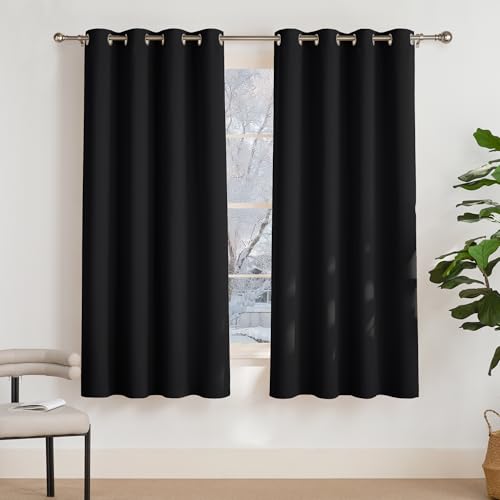 PONY DANCE Cortinas Opacas Cortas Negro Telas Termicas Aislantes Reducción Ruido Protección Privacidad Decoración Para Ventanas Paño Para Salón, Cine Y Oficina, 2 Uds, 132 X 158 Cm (An X L)
