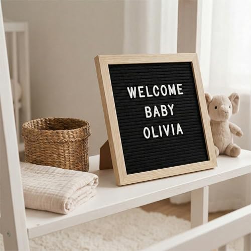 Image of Letter Board by Crystal Lemon, Felt Letter Board, 10x10 inches, Changeable Wooden Message Board Sign, Wood Frame, Wall Mount, with Display Stand (Black) by C Crystal Lemon | Pregnancy milestone display with wooden frame, wall mount or stand for nursery photos and keepsake moments