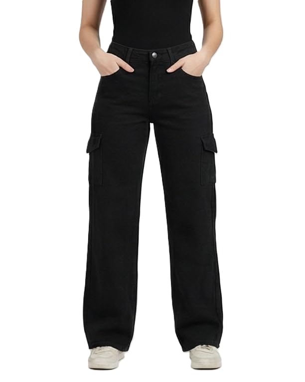 Women High-Waist Black Cargo Jeans – 6-Pocket Straight Fit Denim | Stylish Everyday Wear | Casual Utility Pants for Women-picture-15