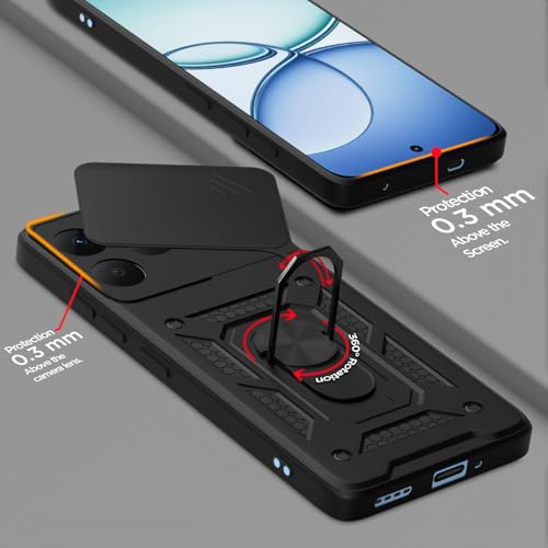 Image of Pikkme Back Cover for Realme 15T 5G / Realme Narzo 90 5G | 360 Protection Case | Sliding Camera Shield Cover & Ring Holder Stand D10 Tough Armor Bumper Case (Black)
