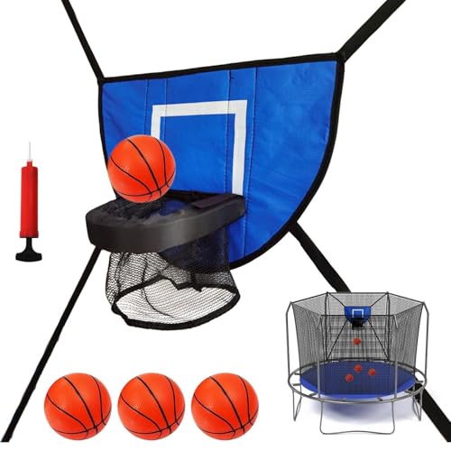 Juego de canasta de baloncesto para cama elástica, incluye 4 bolas y bomba: anillo de baloncesto suave para niños y adultos, accesorio de baloncesto seguro para cama elástica de jardín, accesorio
