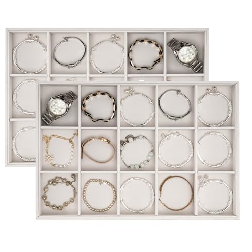 Polmart Stackable 15-Grid Jewelry Organizer/Storage/Display Trays, White Leatherette (2-Pack)