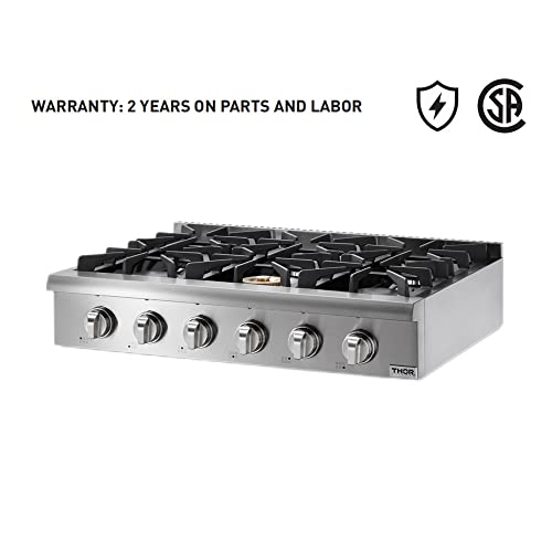 Thor Kithen 36" Propane Gas Cooktop 6 Sealed Burnners, Professional Gas Rangetop W/Continuous Cast Iron Grates, Electronic Ignition & Led Lights, Lp Kit, Stainless Steel Gas Stovetop, Hrt3618Ulp #TOP1