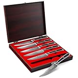 Sunnecko Damascus Steak Knives Set of 6 Non Serrated, Japanese VG10 Stainless Steel Steak knives Dishwasher Safe, 5 Inch Steak Knives G10 Handle with Wood Gift Box