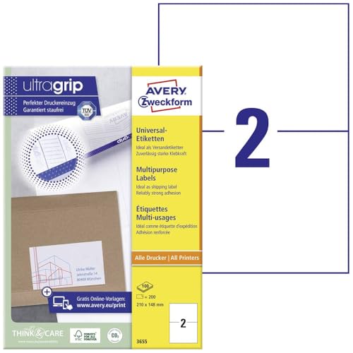 Avery Zweckform 200 White 210 X 148 Mm Universal Labels (100 Sheets) - Adhesive Labels, Printable, Self-Adhesive Stickers With Ultragrip