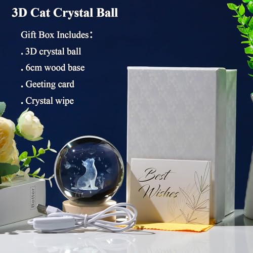 Image of Arikyrist 3D Crystal Cat Figurine With Wooden LED Light Base, 80Mm Crystal Ball Decor, Laser Engraved Glass Sphere Gifts for Cat Lovers