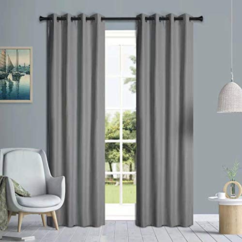 Thick Insulated Thermal Blackout Curtain Pair Ring Top Eyelet Embossed Texture (Silver, W90 x L90 inches)