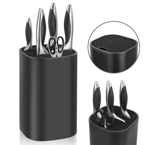 Knife Block Without Knives,Universal Knife Block Holder with Scissors Slot, Sharpening Bar Slot,Detachable Kitchen Knife Holder for Easy Cleaning Space Saver Black