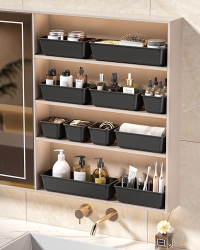 25 PCS Plastic Drawer Organizers Set, 4 Sizes Vanity Organizer, Makeup and Desk Drawer Organizer Trays, Organization and Storage for Makeup, Bathroom, Kitchen Utensils and Office (Black) - Image 7