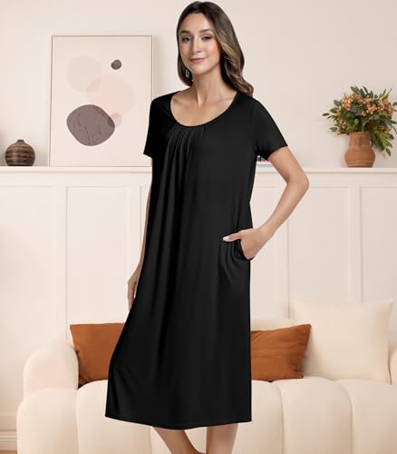 Image of NACHILA Women's Nightgowns-Viscose Made from Bamboo,Short Sleeve Nightshirt Soft Sleep Shirts Cool Sleep Dress with Pockets