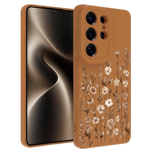 Image of Designed for Samsung Galaxy S26 Ultra Case for Women, Brown Floral | Cute Flower Pattern Liquid Silicone Phone Case [Full Camera Protection] Slim Soft TPU Protective Cover