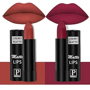 PERPAA Creamy Matte Lipstick Long Lasting One Swipe Application Smudgeproof 3.5gm Each, Set of 2 (Red Bloom, Candy Pink)
