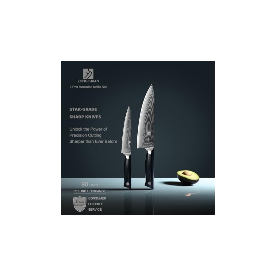 8C Pro Damascus Kitchen Knife Set 2pc,8" Chef Knife and 5.5" Utility Knife,High Carbon Stainless Steel,5-Star Sharpness,Black Ergonomic G10 Handle,Love's Gift Box