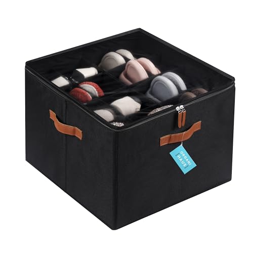 OrganiHaus Shoe Organizer for Closet and Entryway, Fits up to 16 Pairs, Large Shoe Storage Box, Collapsible Shoes Storage Bin, Shoes Container w/Reinforced Handles and Clear Cover - Black