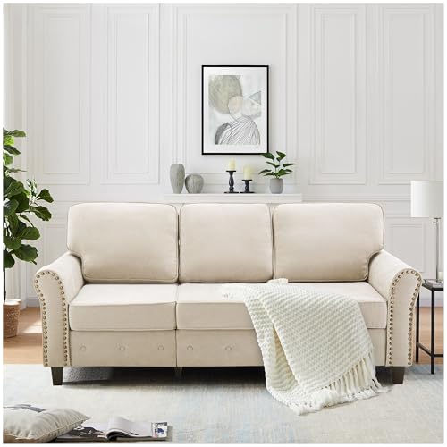 Catálogo de Sofa Moderno al mejor precio. 43 FABATO Sofa para Sala de 3 Plazas - Sillon de Lino con Marco y Patas de Madera - Relleno de Alta Resistencia y Brazos con Estilo y Ribetes de Remache (Beige)