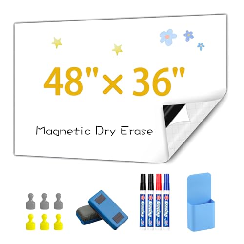 Papel magnético de borrado en seco para pizarra, 122 x 91 cm, papel autoadhesivo para pared para oficina, nevera de cocina, dibujo de niños con marcador, borrador magnético, soporte para marcadores e