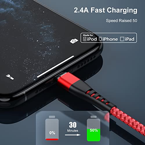 Image of Essri Apple MFi Certified 3 Pack iPhone Charger 6ft, Long Lightning Cable Strong Nylon Braided Charging Cable 6 Foot, Fast iPhone USB Cord for Apple iPhone11 / X /XS /XR /8 /7 /6 /5S /SE /iPad Mini Air（Red）