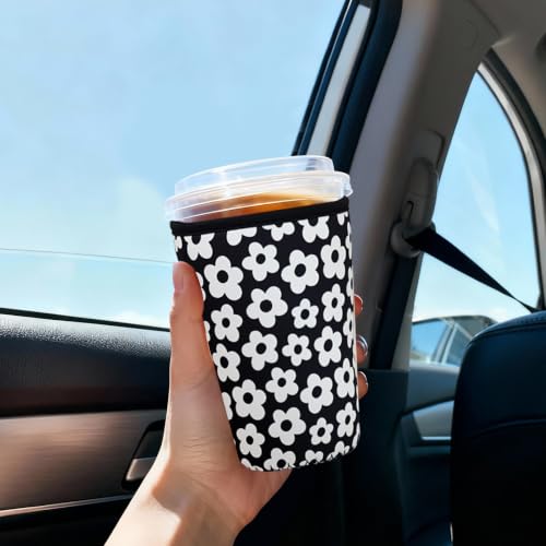 Image of Reusable Insulated Sleeve for Iced Coffee Cup, 3-Pack Coffee Neoprene Drink Sleeve for Cold & Hot Drinks, Beverage Holder for Iced Coffee (Monochrome Florals)