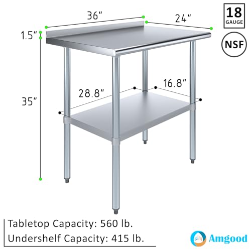 Image of AmGood Stainless Steel Work Table with 1.5 inch Backsplash | Metal Kitchen Food Prep Table | NSF (36 inch Long x 24 inch Deep)