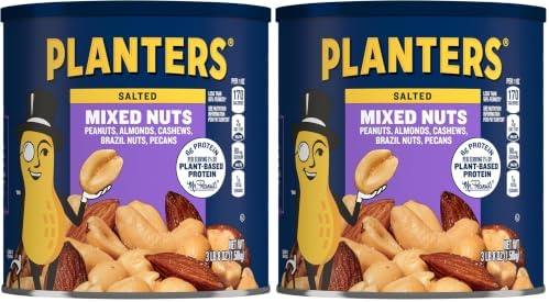 PLANTERS Salted MixedNuts, Peanuts, Almonds, Cashews,BrazilNuts and Pecans, PartySnack, Plant-Based Protein, Quick Snackfor Adults, After SchoolSnack, Bulk Nuts, Kosher,56oz Canister (Pack of 2)