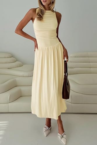 Image of Womens Summer Casual Midi Maxi Dress 2026 Sleeveless Ruched A Line Flowy Cocktail Wedding Guest Beach Long Sundress