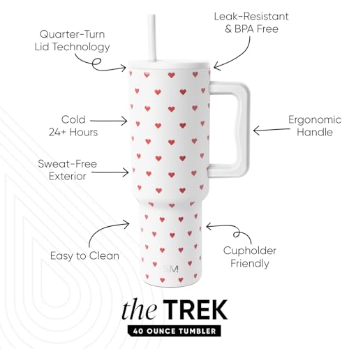 Image of Simple Modern 40 oz Valentine's Day Trek Tumbler with Handle and Straw Lid | Cup Holder Friendly Insulated Stainless Steel Travel Mug | Crimson Hearts