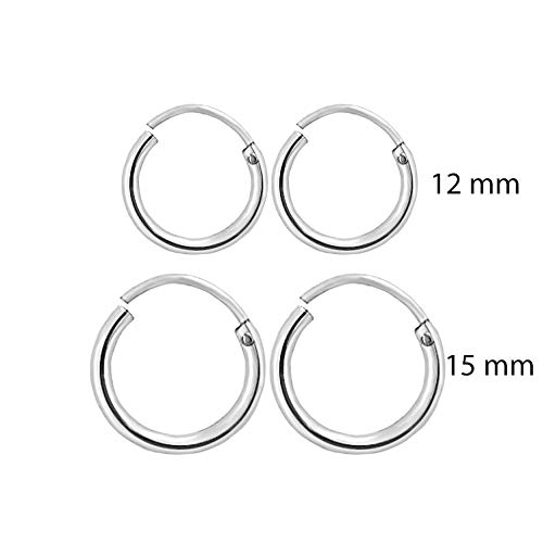MJ Combo of Two Pairs -12mm & 15mm Size Small Hoops Bali Earrings in Pure 92.5 Sterling Silver for Kids/Girls/Women - Image 2