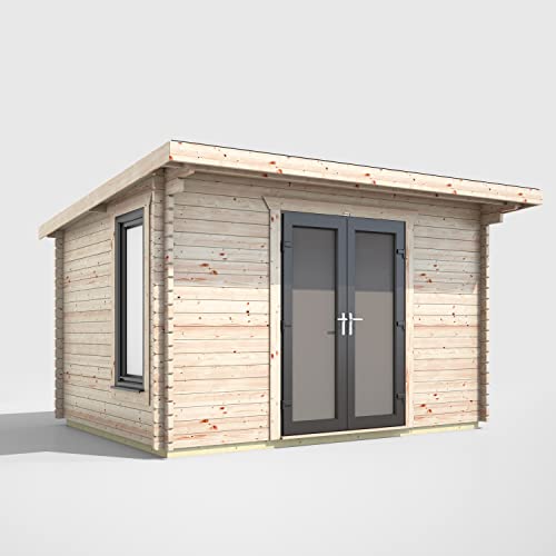 Powersheds High Grade Premium Pent Log Cabin with Double Door, EPDM Rubber Roofing, Door & Window Flexibility, made from Extra Thick Timber & Toughened Glass (Central Orientation Door)