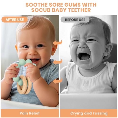Image of Socub Baby Teething Toys for 0-6 6-12 Months- BPA-Free Food-Grade Silicone & Natural Beech Wood Teether Ring for Newborn Infants Teething Relief- Easy-Grip Sensory Rattle Toys(Cambridge Blue)