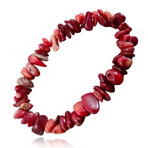 VDKIDKT Natural Raw Gemstone Bracelets, Natural Crystal Chip Bead Bracelet, Healing Stone Beaded Bracelets for Women Men Girls Gifts (Red Coral)