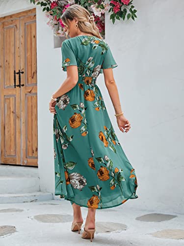 Image of Simplee Women's Boho Floral Maxi Dress Flowy Casual V Neck Short Sleeve Wedding Guest Holiday Beach Long Dress