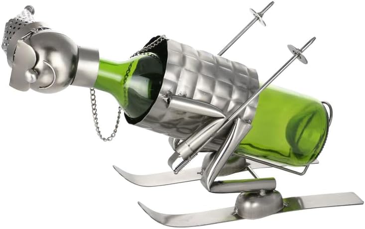 Wine Bottle Rack Holder in Metal with a Skier Skiing Fits Any Standard 750ml Wine or Liquor Bottle in Silver