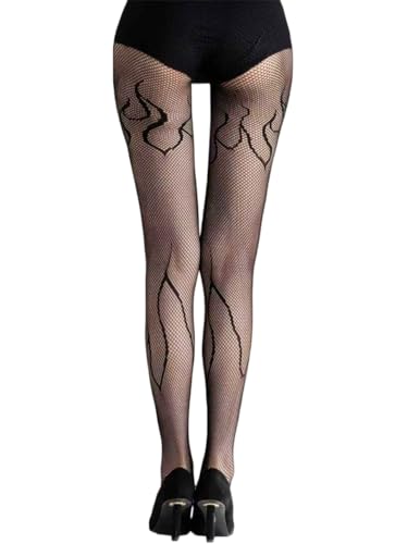 Image of Mrotrida Women's Fire Patterned Fishnet Tights Sexy Elastic Blaze Pantyhose Leggings Fire Mesh Stockings