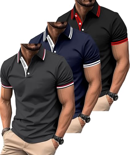SwissWell 3 Pièces Polo Homme Manches Courtes Golf Respirant Polos Sport Homme Respirant Eté Tshirt Noir+Bleu+Gris XXL